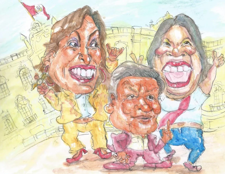 Caricatura: tres figuras políticas gesticulan frente a un edificio de gobierno.